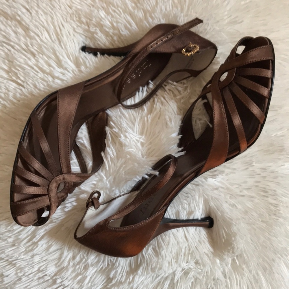 Bronze open toe, ankle strap heel